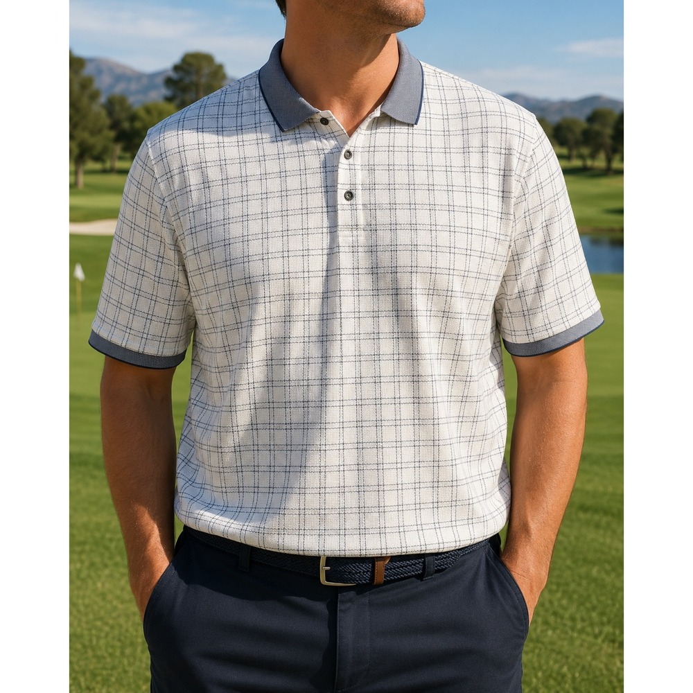 Ping Collection Mens XL Golf Polo Shirt Cream Navy Grid Pattern Textured Knit